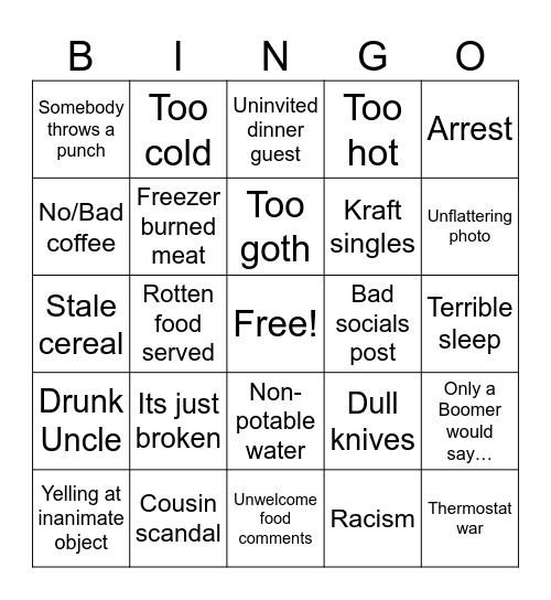 Out of Town Family Visit Bingo Card