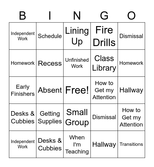 Procedures Bingo Card