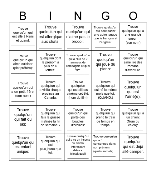 Trouve quelqu'un qui... #1 Bingo Card