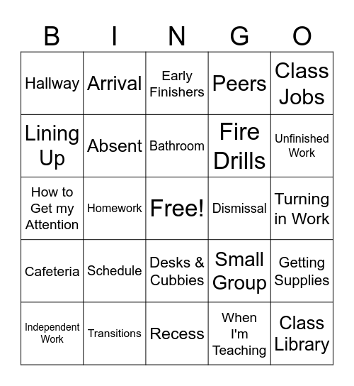 Procedures Bingo Card