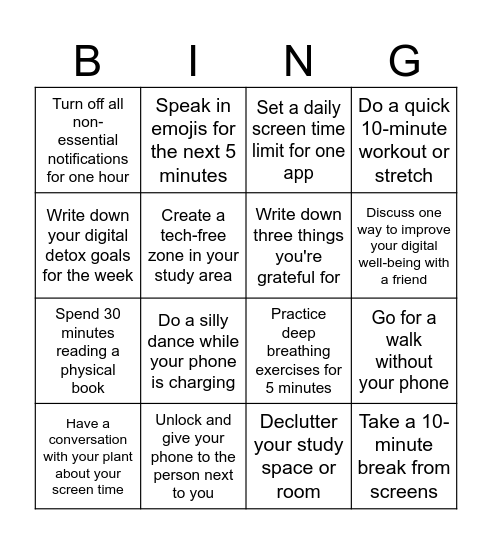 Digital detox Bingo Card