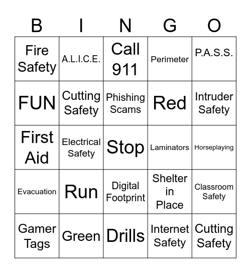 School Safety Bingo Card