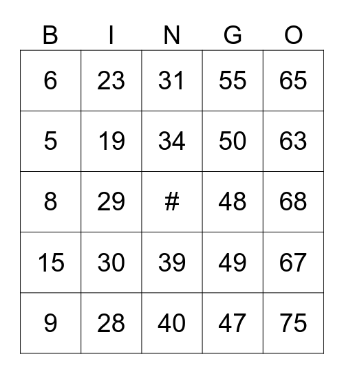 POUND Sign BINGO Card