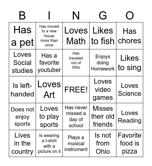 New Student Bingo Card