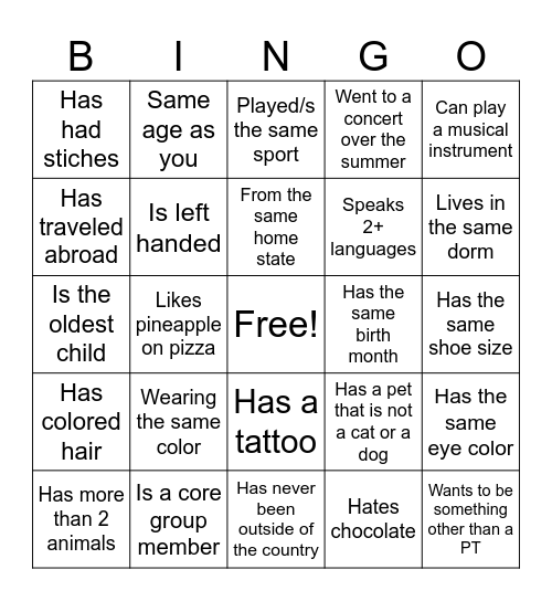 Get to Know You Bingo! Bingo Card