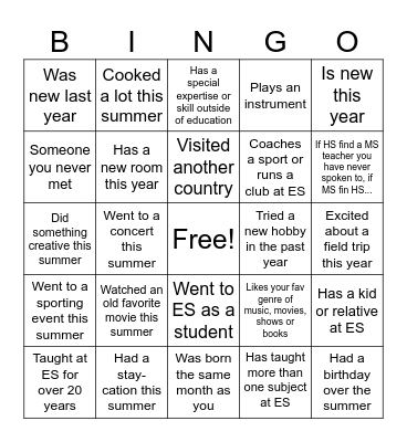 Welcome Back BINGO Card