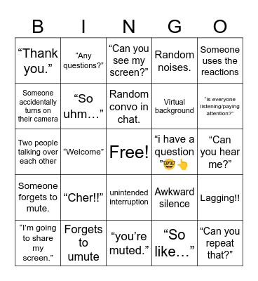Zoom call Bingo Card