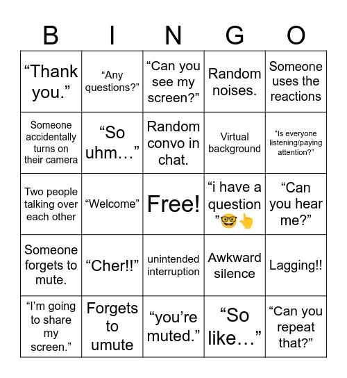 Zoom call Bingo Card