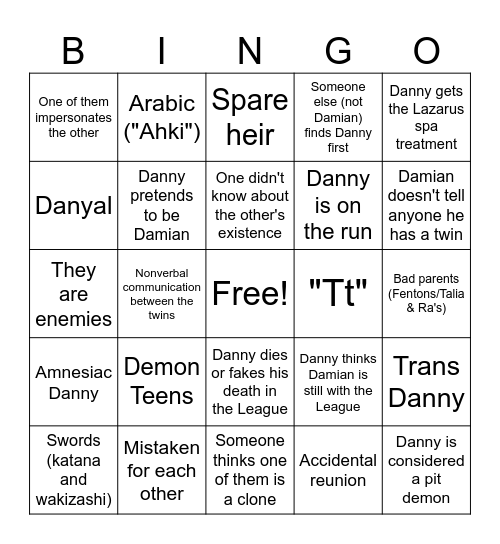 Demon Twins WWT Bingo Card