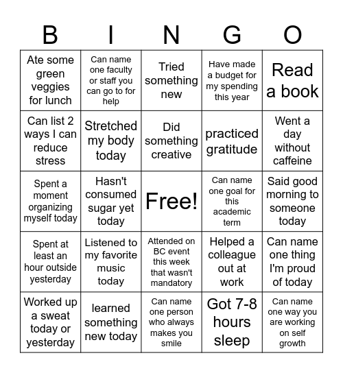 Wellness Wednesday Bingo Card