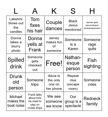 Lake George Trip Bingo Card