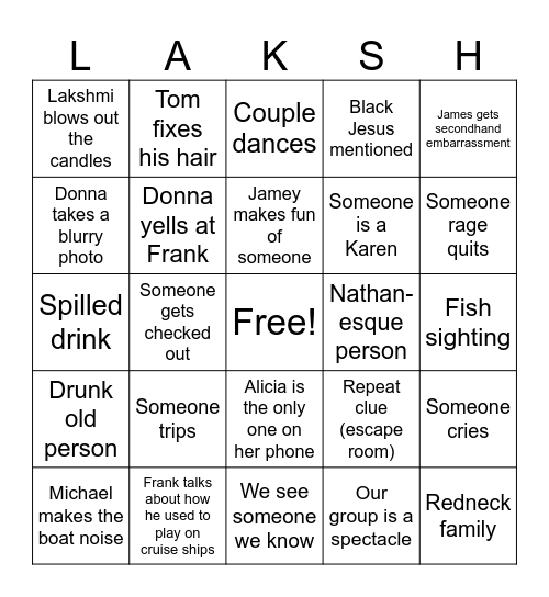 Lake George Trip Bingo Card