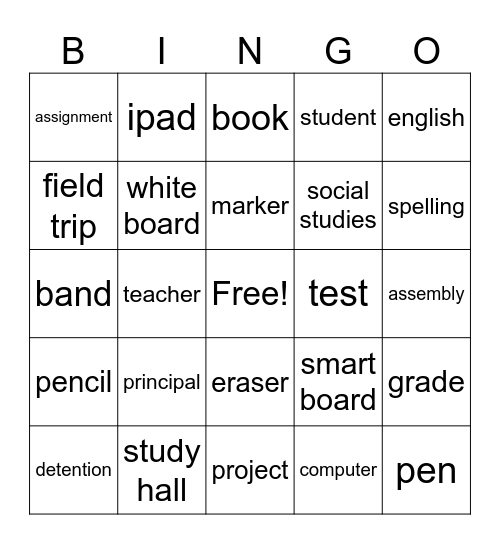 Back to School Bingo Card