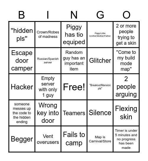 Piggy Public Server Bingo Card