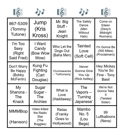 MUSIC BINGO - ONE HIT WONDERS! Bingo Card