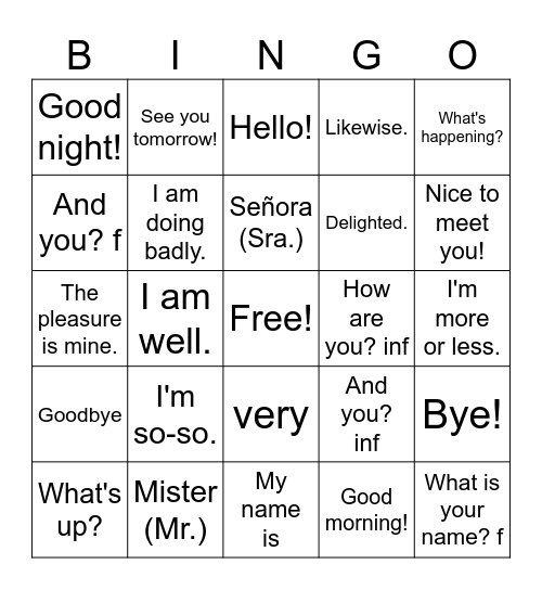 Saludos y Despedidos Bingo Card