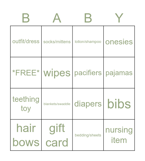 Baby Ellie Bingo Card