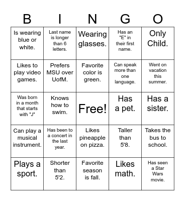 Name Bingo Card
