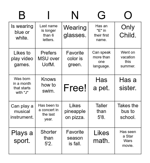 Name Bingo Card