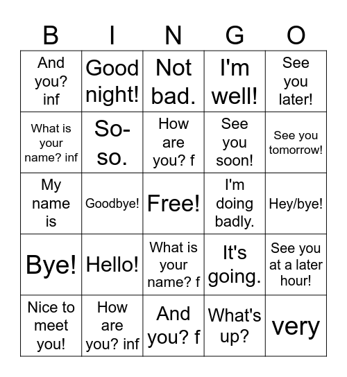 Les Salutations et Les Adieux Bingo Card