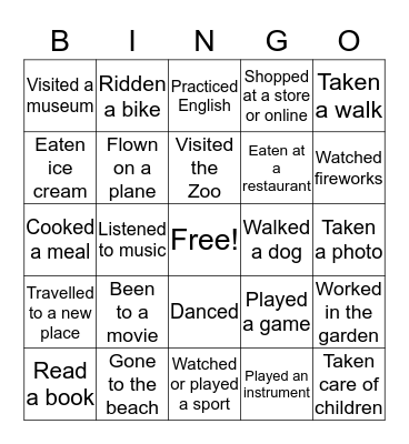 Summer Activity Bingo Card