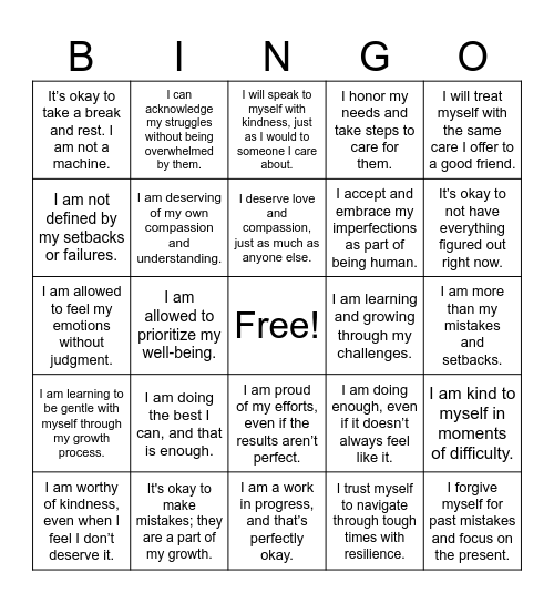 Self Compassion Bingo Card