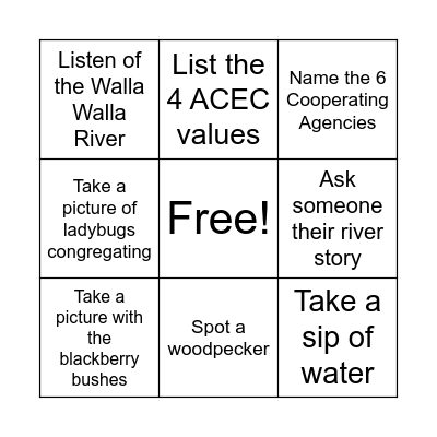 SFWW Field Trip Bingo Card
