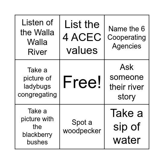 SFWW Field Trip Bingo Card