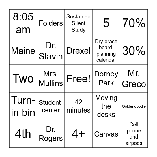 Back to School BINGO Card