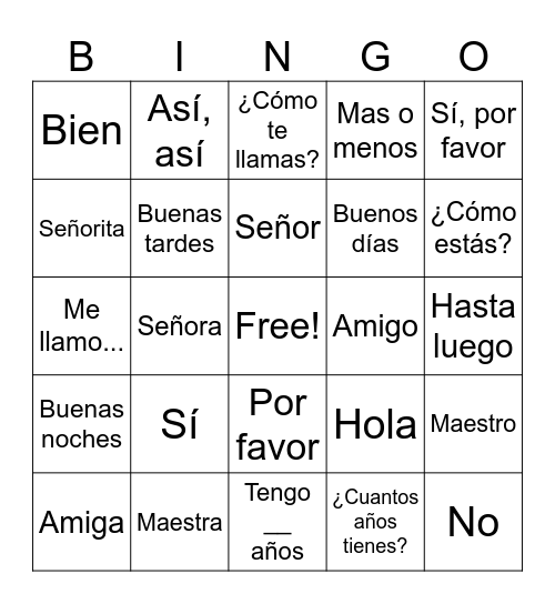 Saludos Bingo Card