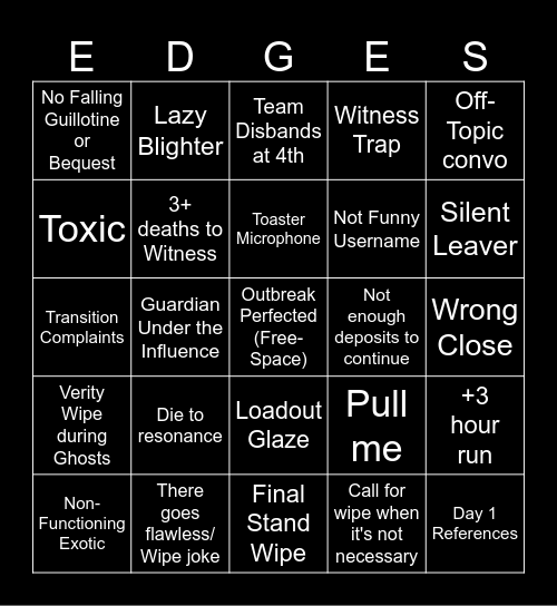 Salvation's Edge Bingo Card