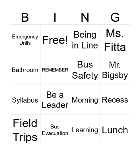 5th Grade Expectations Bingo Card