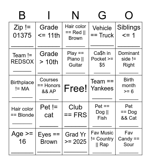 APCSP Boolean Bingo Card