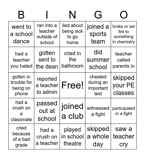 HIGH SCHOOL BINGO Card