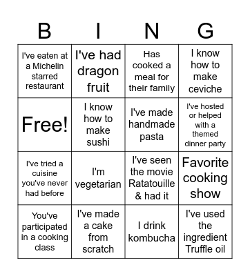 Culinary Bingo Card