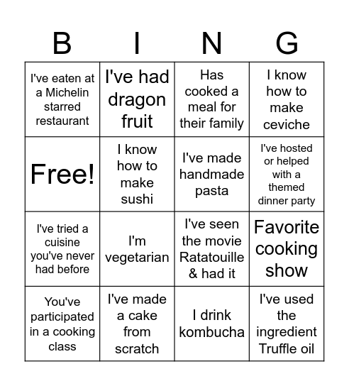 Culinary Bingo Card