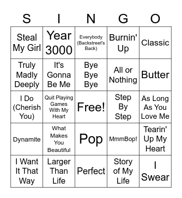 Boy Bands Bingo Card