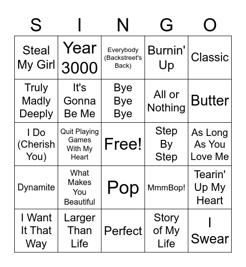 Boy Bands Bingo Card