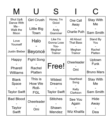 Pop Music Bingo Card