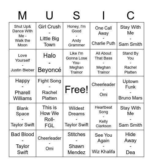 Pop Music Bingo Card