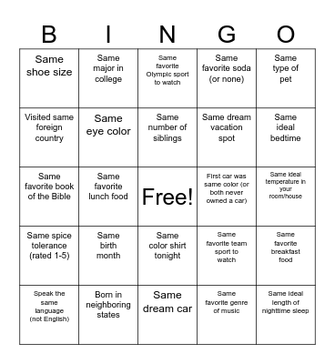 Meet and Greet and Eat Bingo Card