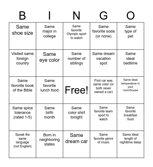 Meet and Greet and Eat Bingo Card