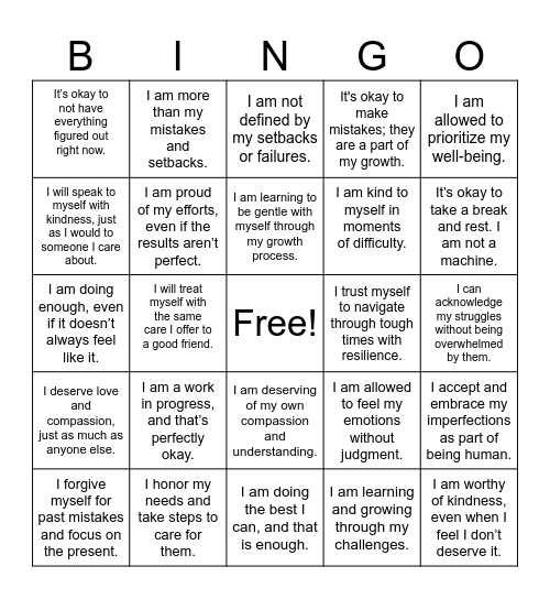 Self Compassion Bingo Card