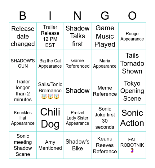 Sonic Movie 3 Trailer Bingo Card