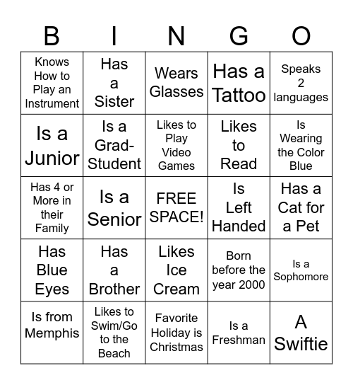 "Get to Know Me" Bingo Card