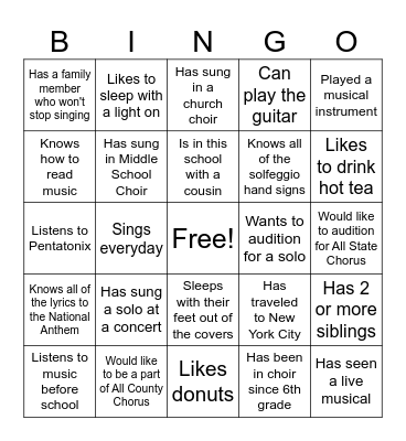 I Love to Sing Bingo Card