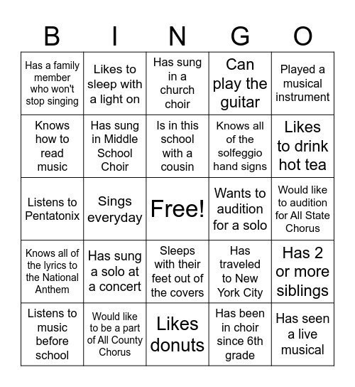 I Love to Sing Bingo Card