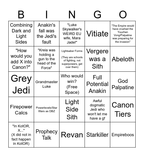 The Worst of Star Wars EU Discussion Bingo Card