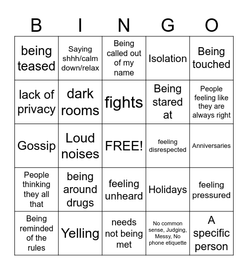 Triggers Bingo Card