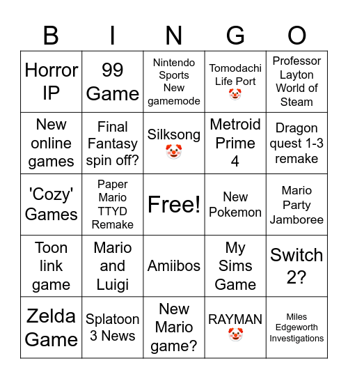 Nintendo Direct + Indie World Bingo Card